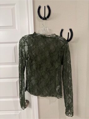 Versona Olive Green Sheer Lace Long-Sleeve Top